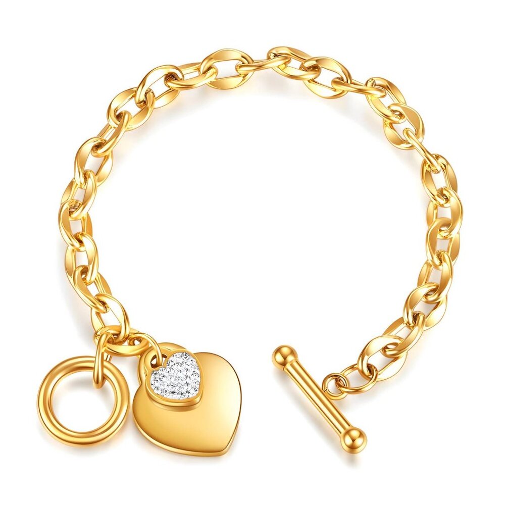 Chunky Gold Chain Bracelet w/ Pavé CZ Heart Charm | 18K Gold Plated | Waterproof